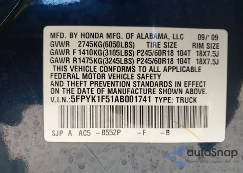 2010 Honda Ridgeline Rtl z USA, uszkodzony, nr VIN 5FPYK1F51AB001741
